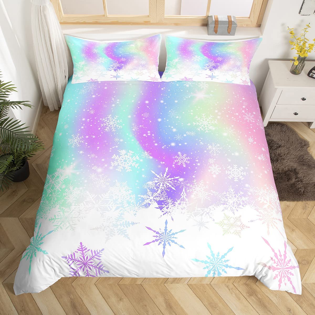

Snowflake Duvet Cover Twin King Merry Christmas Comforter Cover For Child Boys Girls, Glitter Galaxy Bedding Set, New Gift EU Single(135x200cm)