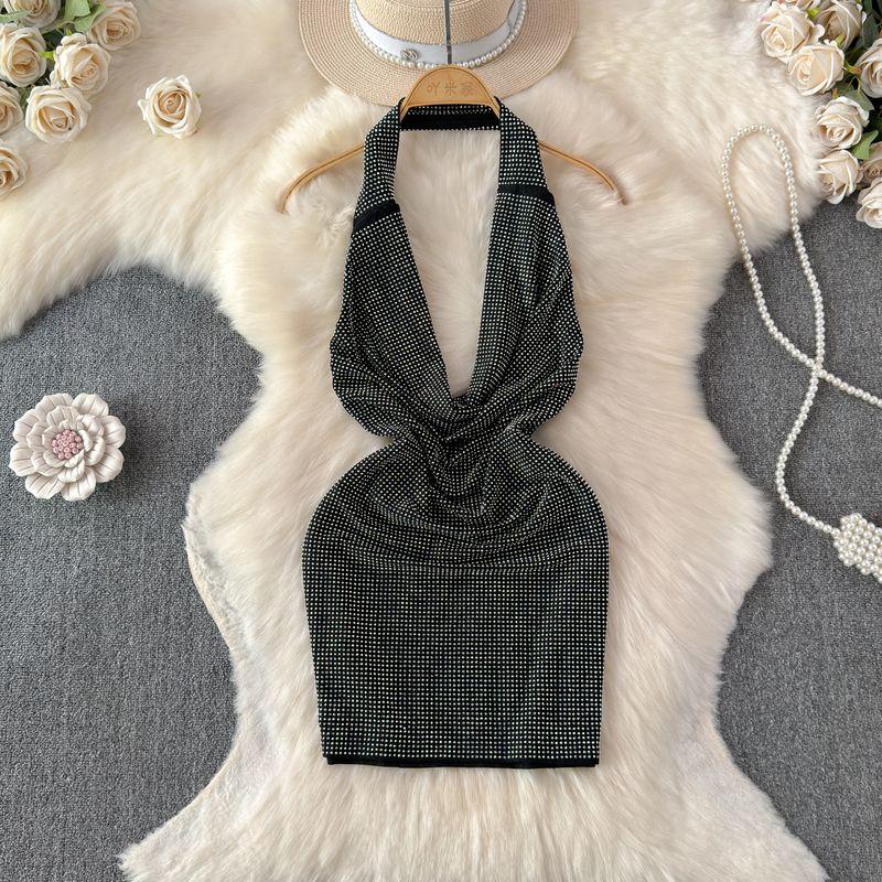 

Shiny Hot Drilling Dress Outwear Open Back Slim-Fit Sequined Dark gray All yards