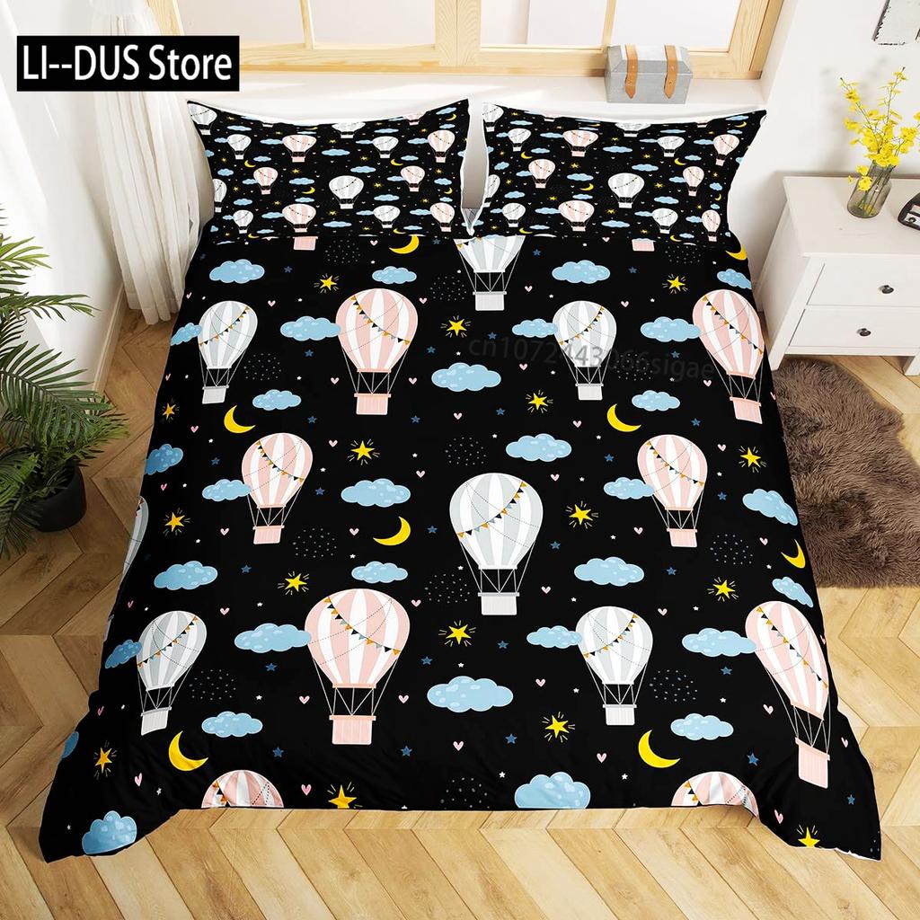 Balloon Duvet Cover Set King Twin Size Polyester Hand Painted Style Floating Hot Air Balloons With Clouds Moon Print Bedding Set