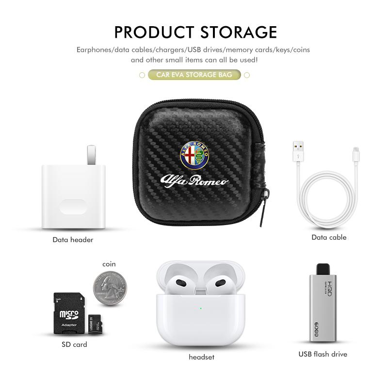 For Alfa Romeo Headphone Data Cable Storage Portable Charger Zipper Box GT Stelvio F1 Brera Volante Tonale Gloria Disco