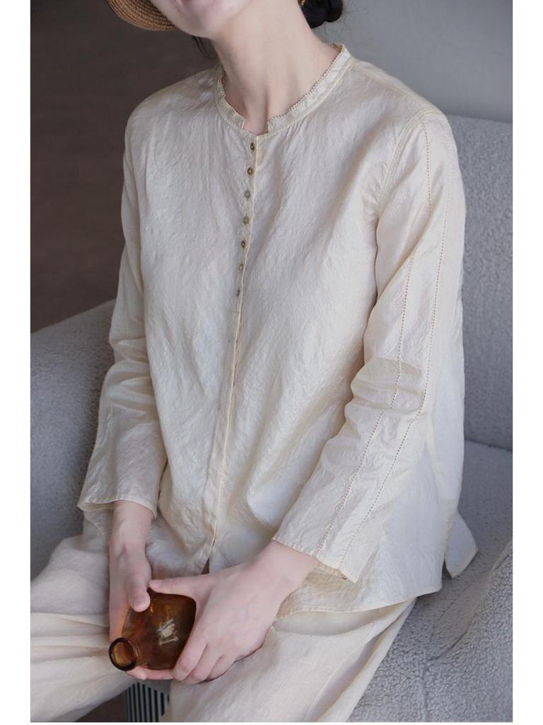 Autumn 2021 Retro Chinese Style Tussah Mulberry Silk Stand Collar Loose Long Sleeve Casual Women's Shirt
