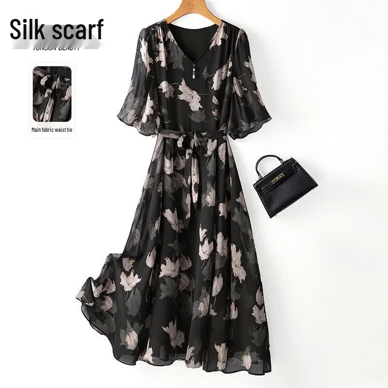 Women s V-Neck Short-Sleeve Floral Print A-Line Midi Dress M