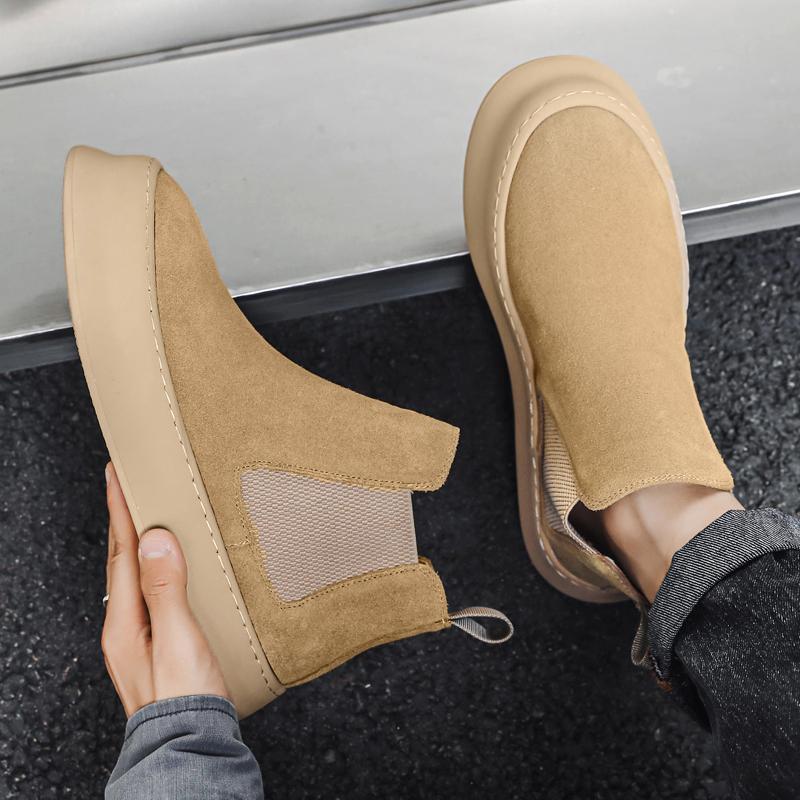 Podzimní módní značka Pánské boty z pravé kůže středního střihu pro teenagery, Módní protiskluzové a oděruvzdorné boty Chelsea