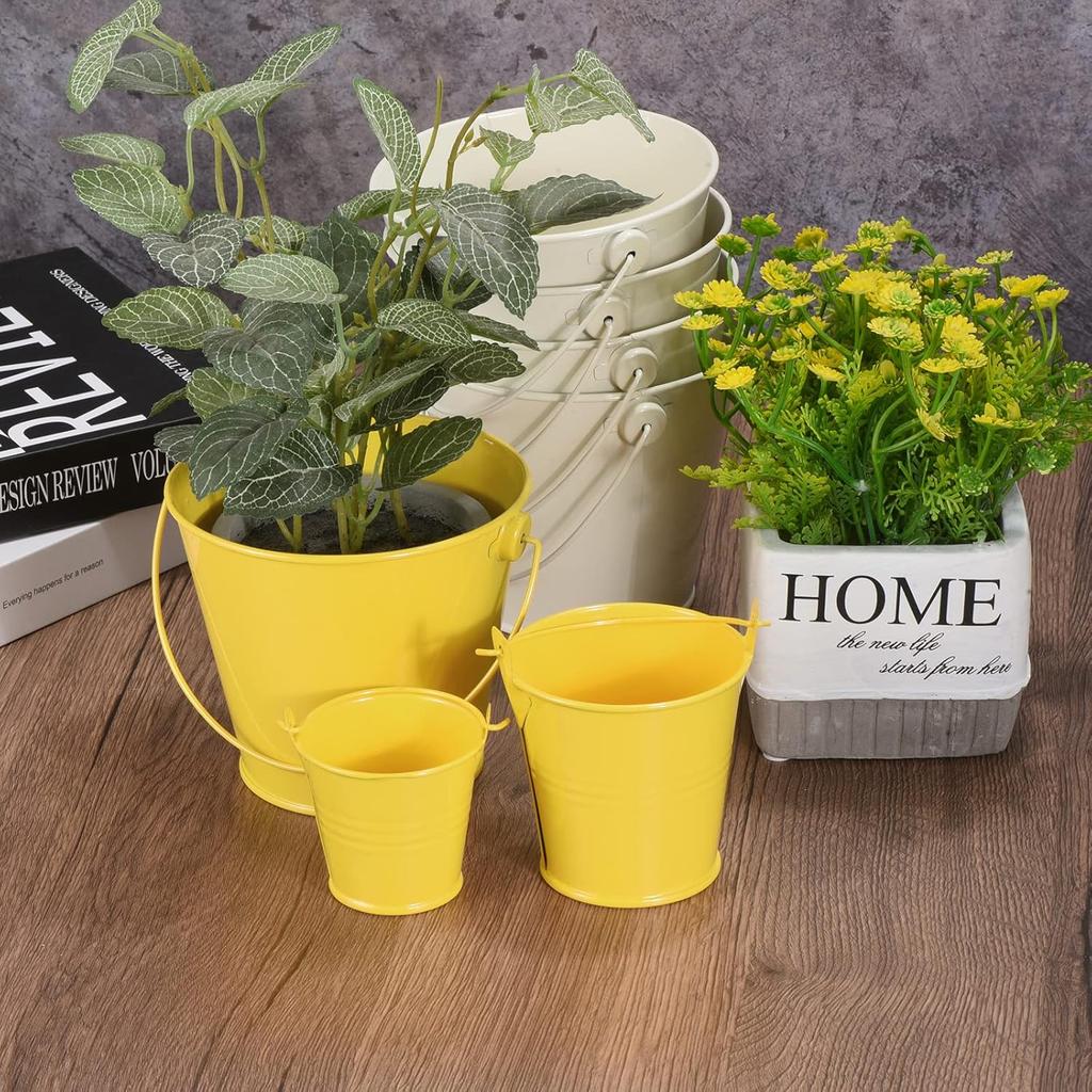 PATIKIL 4.7 Inch Colored Metal Buckets, 4 Pack Pencil Holder Buckets Round Metal Planter Pails Container with Handles for Classroom Crafts, Light