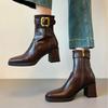 Soft-faced versatile square head high-heeled short boots women's retro thick heel thick-soled thin velvet Martin boots silent-soled thin boots