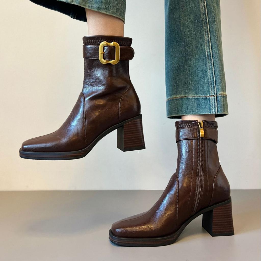 Soft-faced versatile square head high-heeled short boots women's retro thick heel thick-soled thin velvet Martin boots silent-soled thin boots