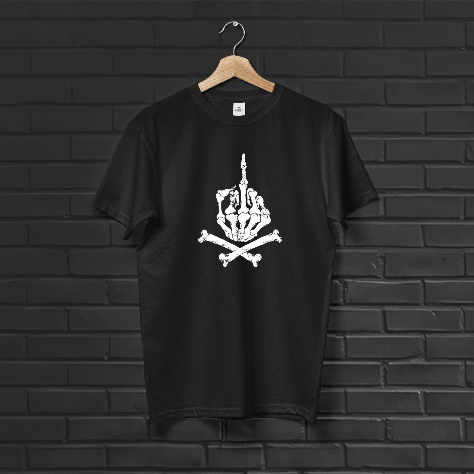 Skeleton Middle Finger T-Shirt, Edgy Skull Hand Graphic Tee L