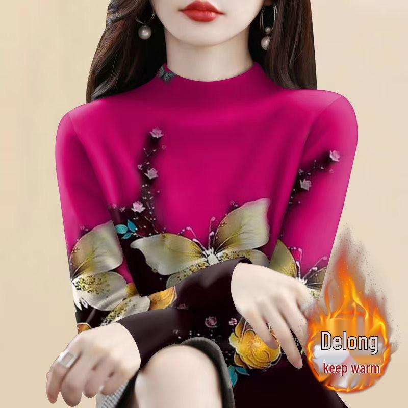 Women's Plus Size Fleece Lined Semi-High Neck Long Sleeve T-Shirt