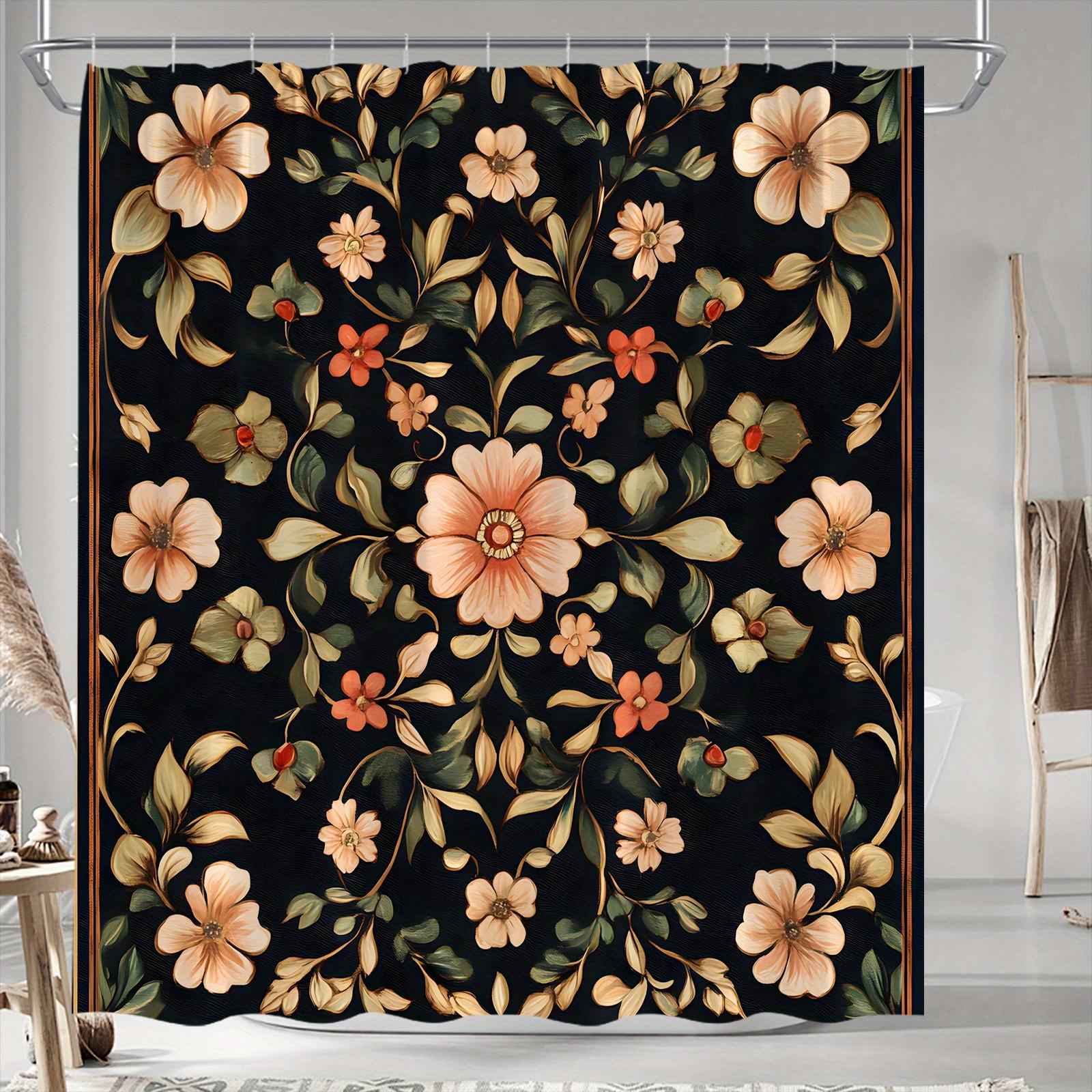 

Стильная Цветочная Шторка для Душа - Розовые и Персиковые Цветы на Черном Фоне, Желтые Акценты, Ботанический Дизайн, Прочный Полиэстер, Современная Ванная W90XH180cm