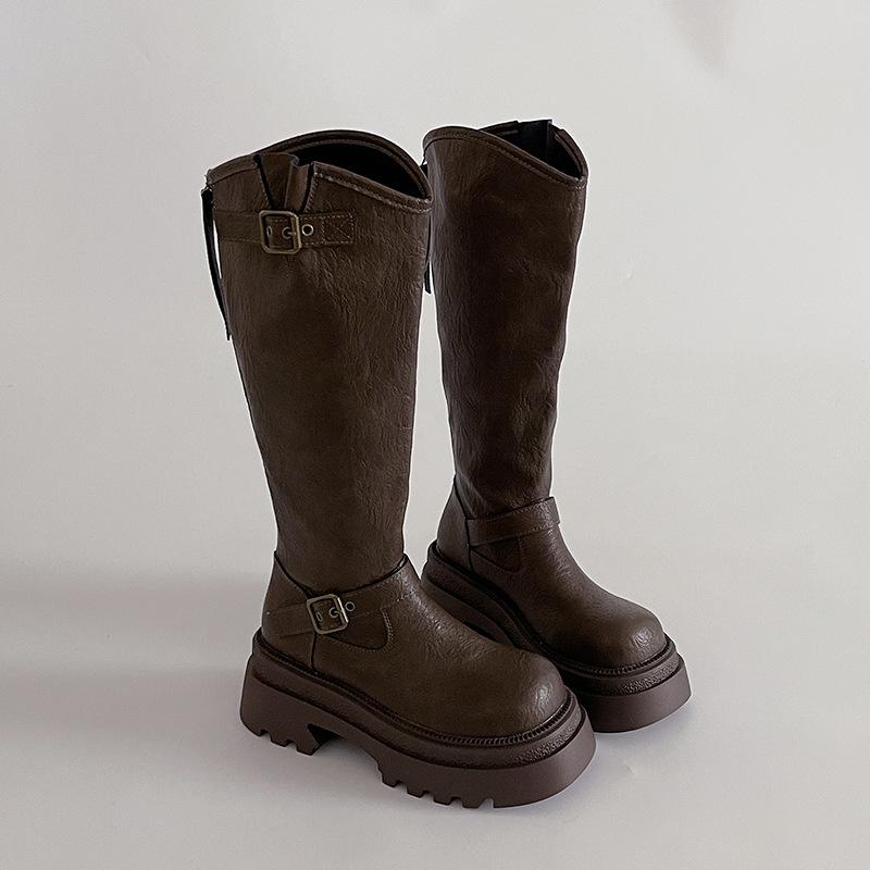 2025 autumn British style leather boots platform belt buckle knight boots women's fashion retro versatile but knee fashion boots