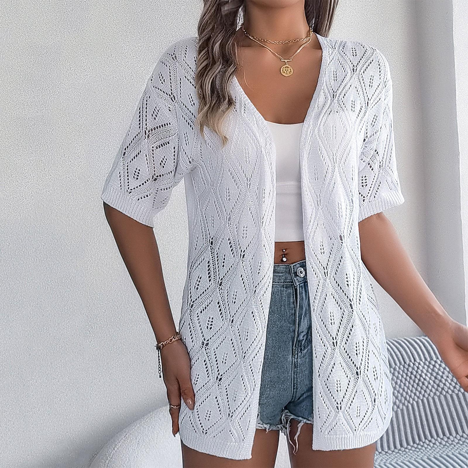 

Женский модный однотонный вязаный кардиган с короткими рукавами и открытой рубашкой от солнца XL белый