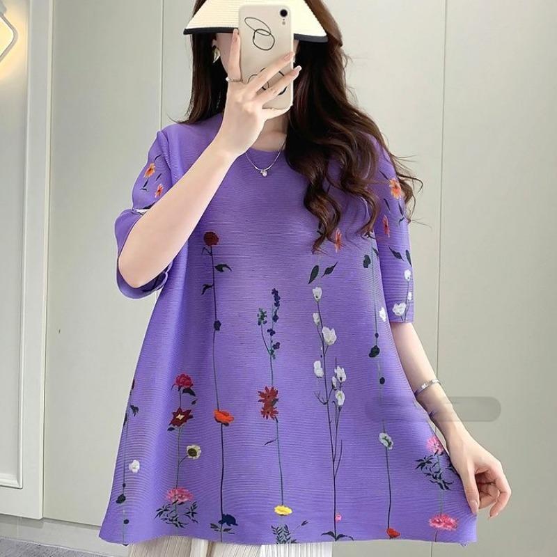 

Топ с принтом, новый летний женский стиль, стильный плиссированный дизайн, футболка с короткими рукавами, свободный покрой женской одежды. One Size фиолетовый