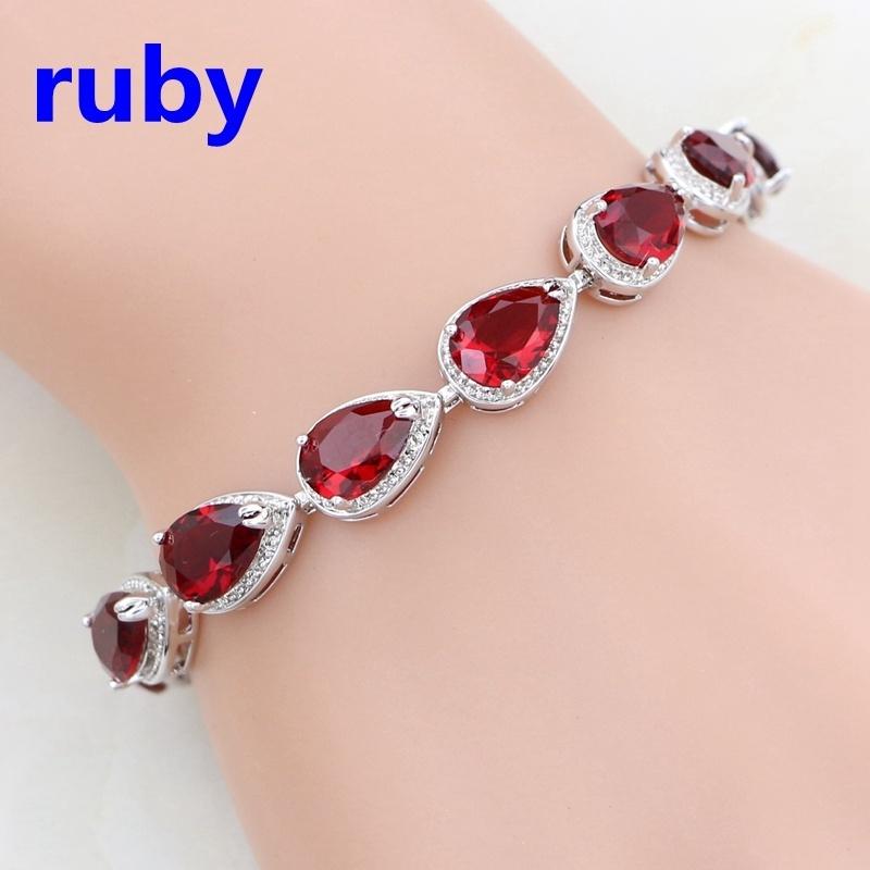 

Water Drop Red Garnet CZ 925 Silver Jewelry Length 21cm Link Chain Bracelet for Women Free Gift Box 21cm рубиновый