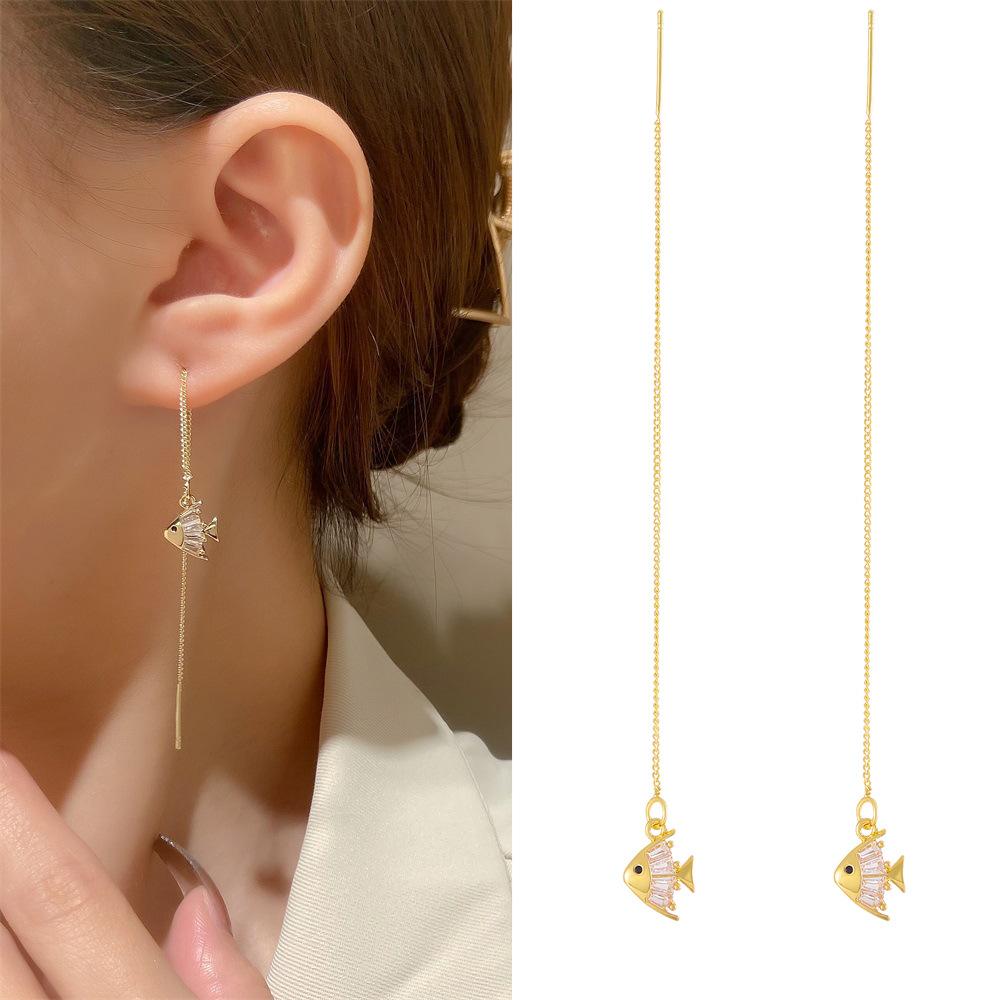 Fashion Long Tassel Ear Line Earrings For Women Korean Temperament Crystal Fish Tail Drop Earrings Girls Daily Party Jewelry