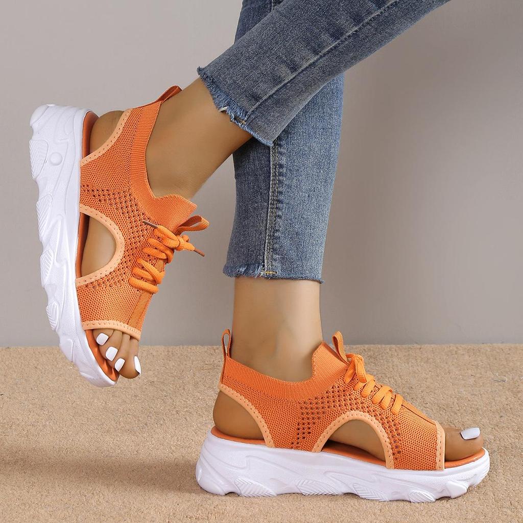 Große Größe Sport Sandalen Frauen 2023 Sommer Neue Dicke Unterseite Fliegen Gewebt Weichen Boden Freizeit Flache Hohle Strand Sandalen