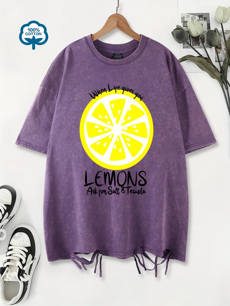Oversized Washed TShirts Womens Cotton Lemon Brings Good Mood Prints T Shirt Summer Comfortable ONeck Tops YK Woman Clothes