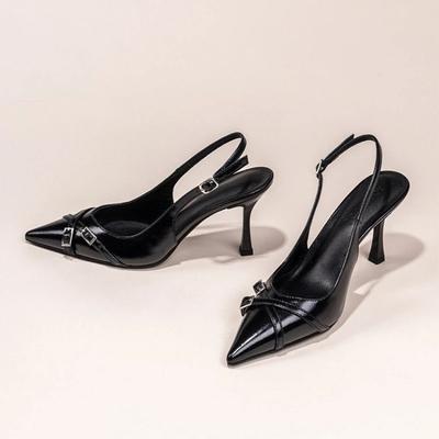 Modische Spitzschuhe mit flachem Ausschnitt Neue hochhackige Schuhe Sommer Elegant Schnallenverziert Stiletto Schwarz Damenschuhe