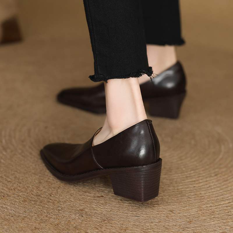 Krazing Pot Cow Skin Fashion Spring Autumn Thick High Heels Women Round Toe Office Lady Retro Fashion Pumps