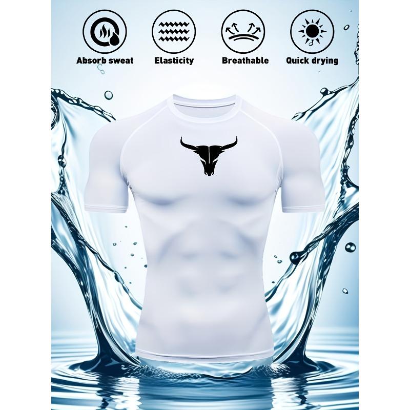 Mens Navy Blue Compression Short Sleeve T-Shirt White Bull Skull Graphic Quick Dry Breathable High Elasticity Gym Workout And MMA Athletic Top