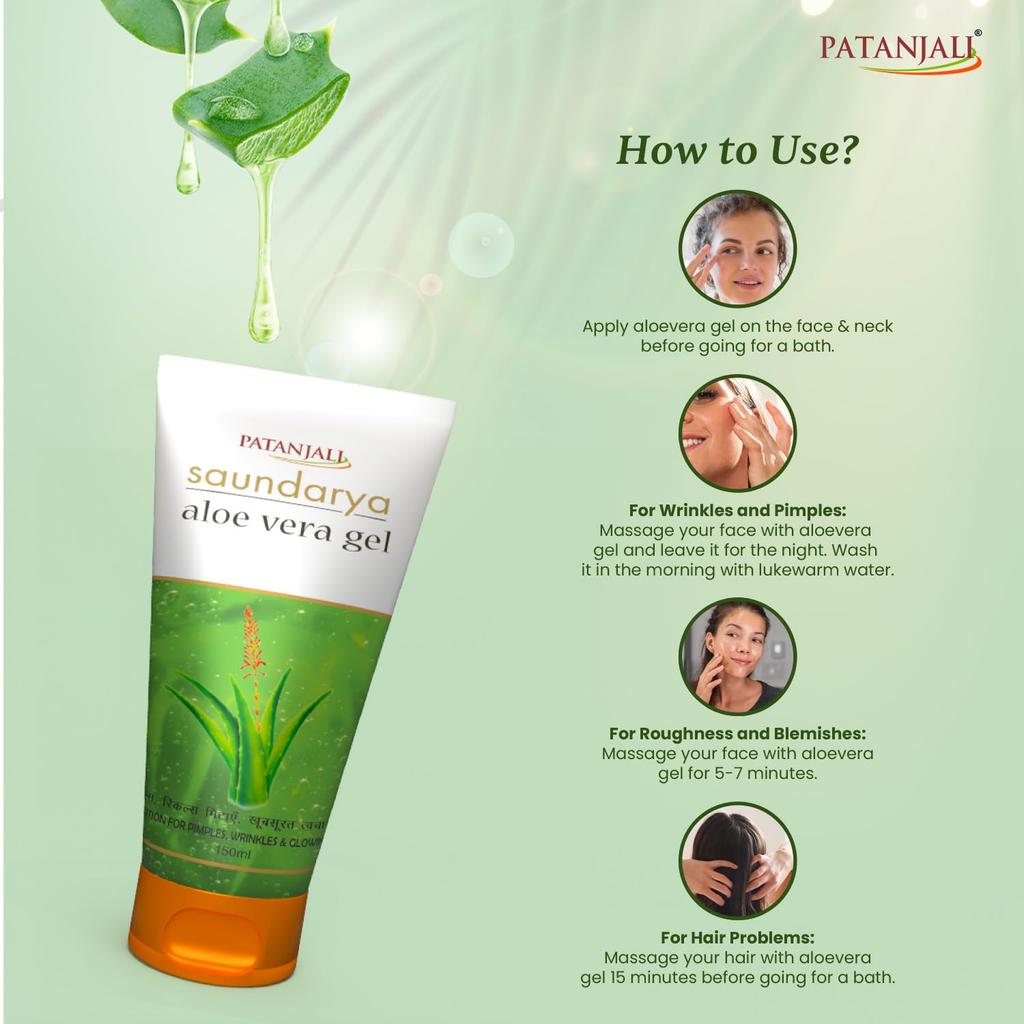 Patanjali Saundarya Aloe Vera Gel 150 ml X Pack Of 3 Deep Hydration Soothing Face Body Moisturizer For All Skin Types