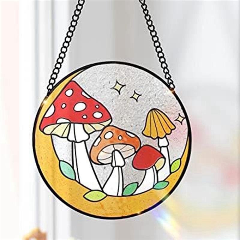 A44Z-1 PCS Mushroom Stained Window Wall Hanging Ornament 16X16cm Panel Decor For Home Gift For Nature Plant Mushroom Lovers