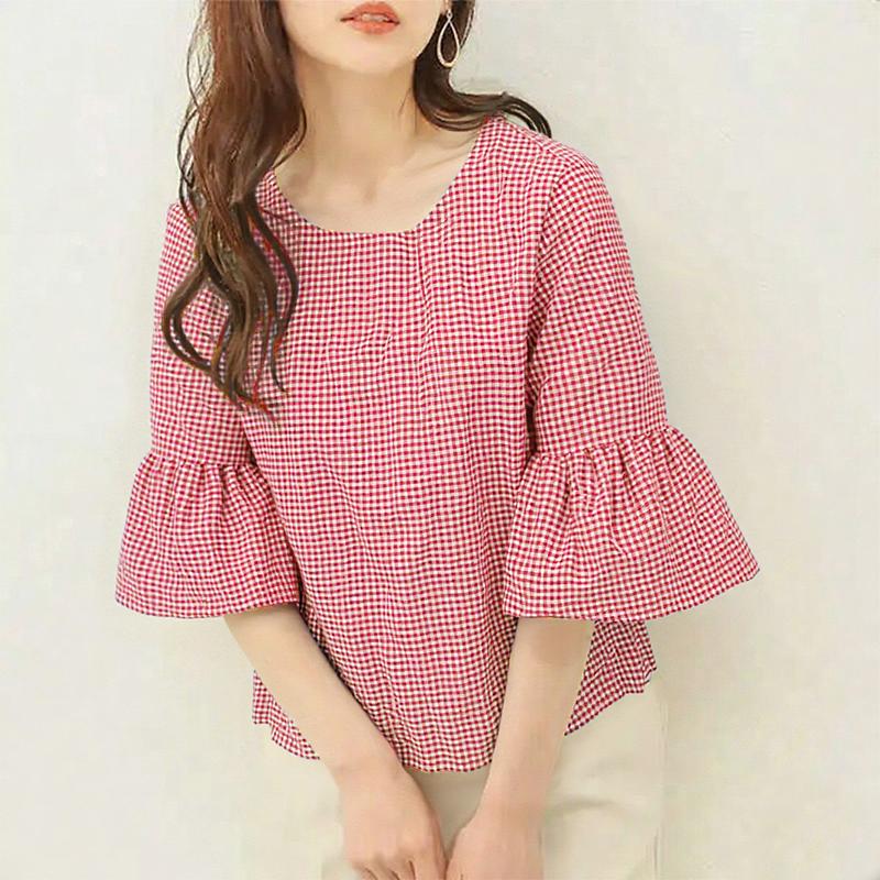 ZANZEA Women Summer Round Neck 3/4 Sleeve Plaid Print Blouse