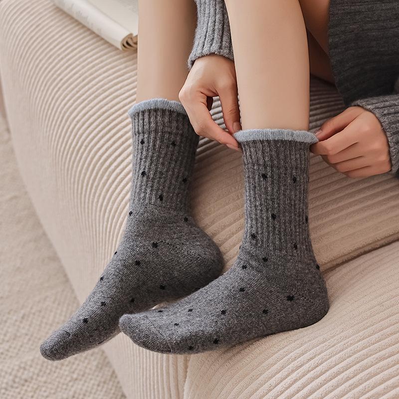Polka Dot Wool Socks Children'S Stacking Socks Season Warm Retro Color Matching Lace Winter Velvet Thickened Stacking Socks