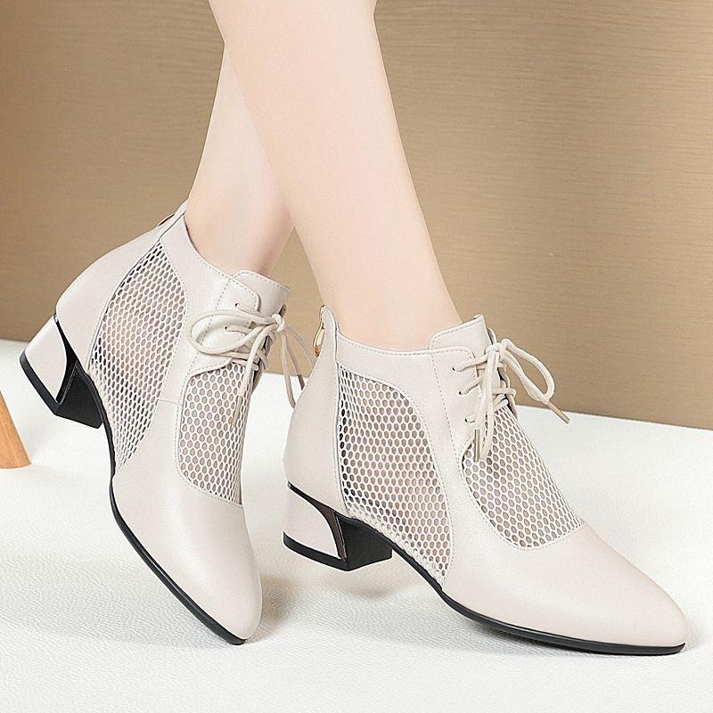 Soft Leather Pointed Toe Openwork Women's Shoes, Versatile Low-heeled Mesh Panty Toe Sandals, Fashionable Chunky Heeled Mesh Lace-up Sandals