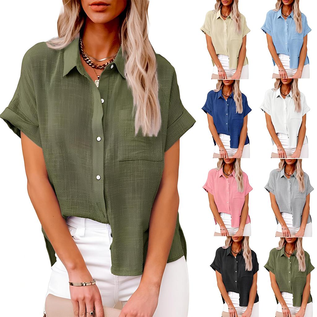 New Summer Women's Solid Color Linen Short Sleeve Casual Loose Shirt
