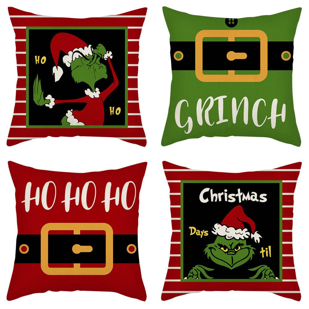 New Funny Designs and Popular Christmas Green Haired Weird Grinch Linen Pillowcase Living Room Bedroom Backrest Cover