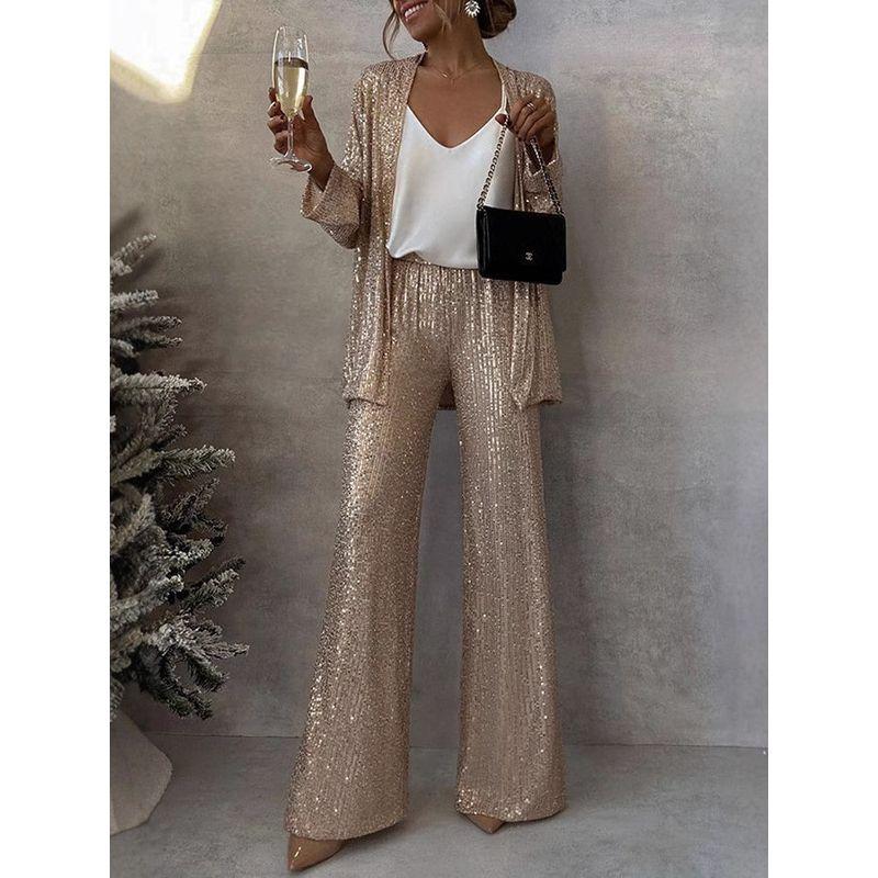 2025 Spring New Cross-Border Three-Color Sequin Full Sequined Small Suit High Waist Fashion Casual Straight Pants Two-piece Set Suit