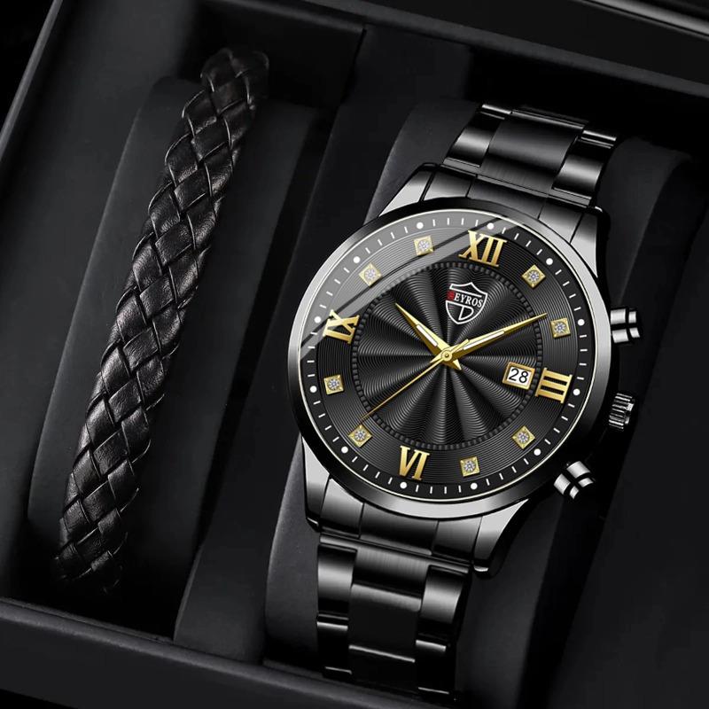 

2pcs/set, Men s Fashion Stainless Steel Quartz Watch & Analog PU Leather Bracelet Set, Men s Gifts