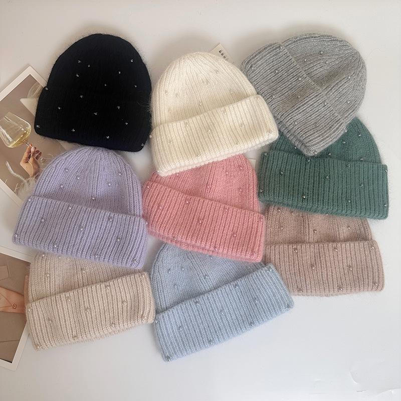 Neuer Perlen-Kaninchenhaar-Strickhut Damen Winter Outdoor Warm Mode Ohrenschützer Wollmütze