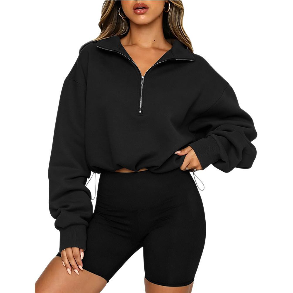 Damen-Sweatshirt mit halbem Reißverschluss und Kragen, Tunnelzug in der Taille und langen Ärmeln, Europäischer & Amerikanischer Stil, Herbst/Winter 2026