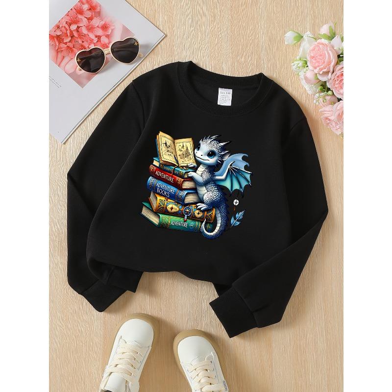 Kids Long‑Sleeve Crewneck Sweatshirt, Cute Dragon Reading Adventure Books Print,Daily Casual Top for Spring & Autumn