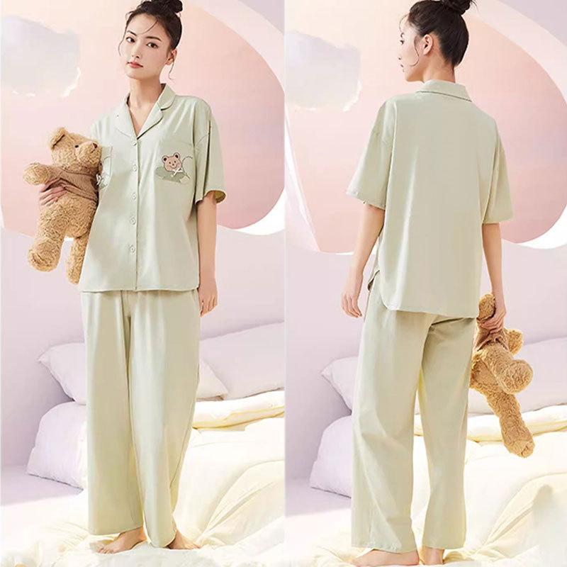 Women'S Pajamas, Summer Cardigan, Cotton Japanese Simple Short-Sleeved Trousers, Soft And Skin-Friendly Student Loungewear Two-Piece Set