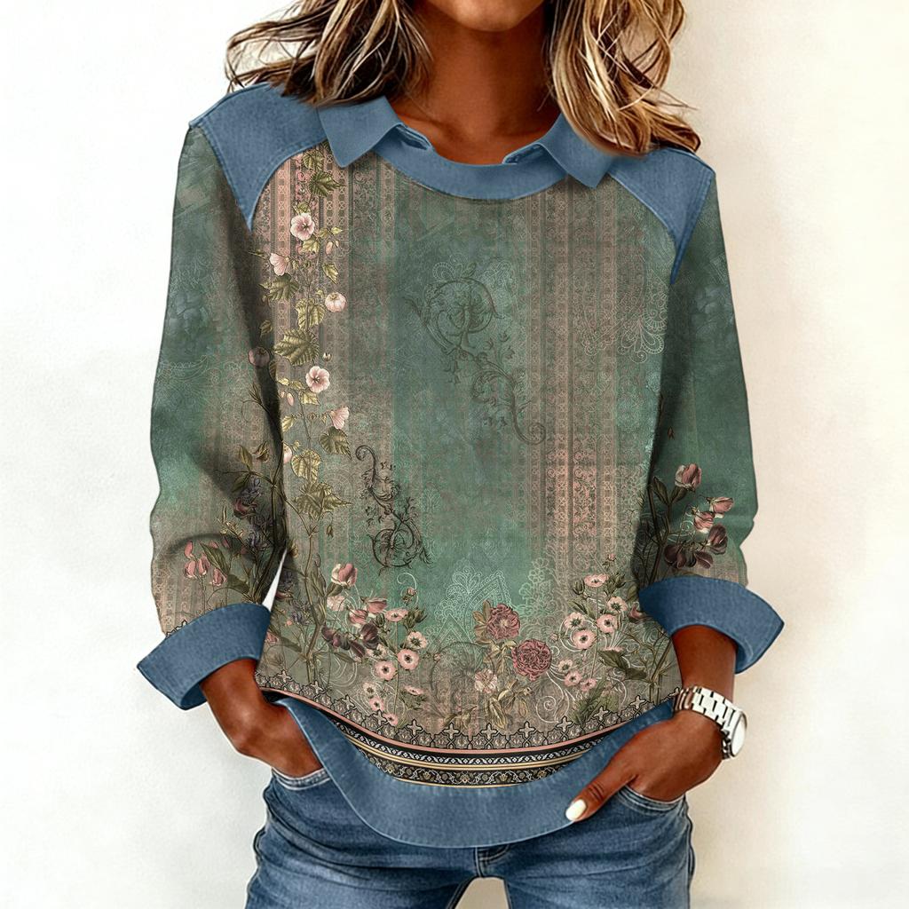 Dammode Utsvängd Långärmad Denim Patchwork Sweatshirt Tryckt Avslappnad Pullovertopp
