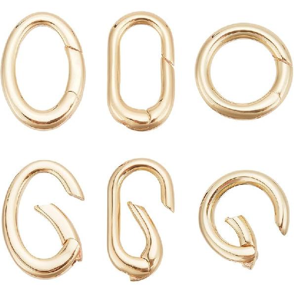 BENECREAT 6 Pcs 3 Styles Real 18K Gold Plated Oval Clasp Spring Clasp, Brass Metal Spring Gate Rings for Keychains Making