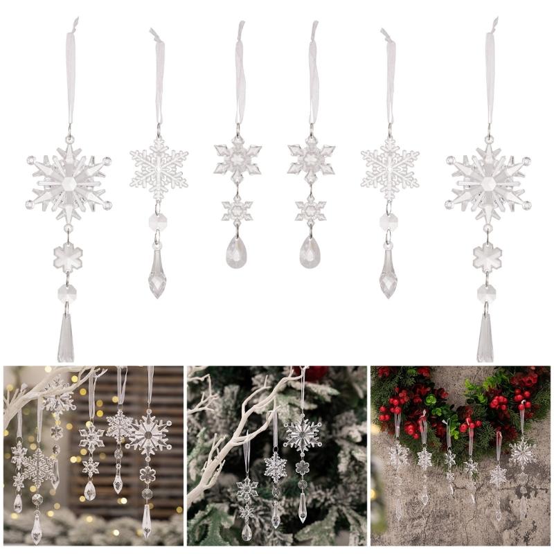 Pack of 6 Christmas Tree Hangings Snowflakes Charm Ornament Acrylic Indoor Outdoor Decoration Festival Accessories