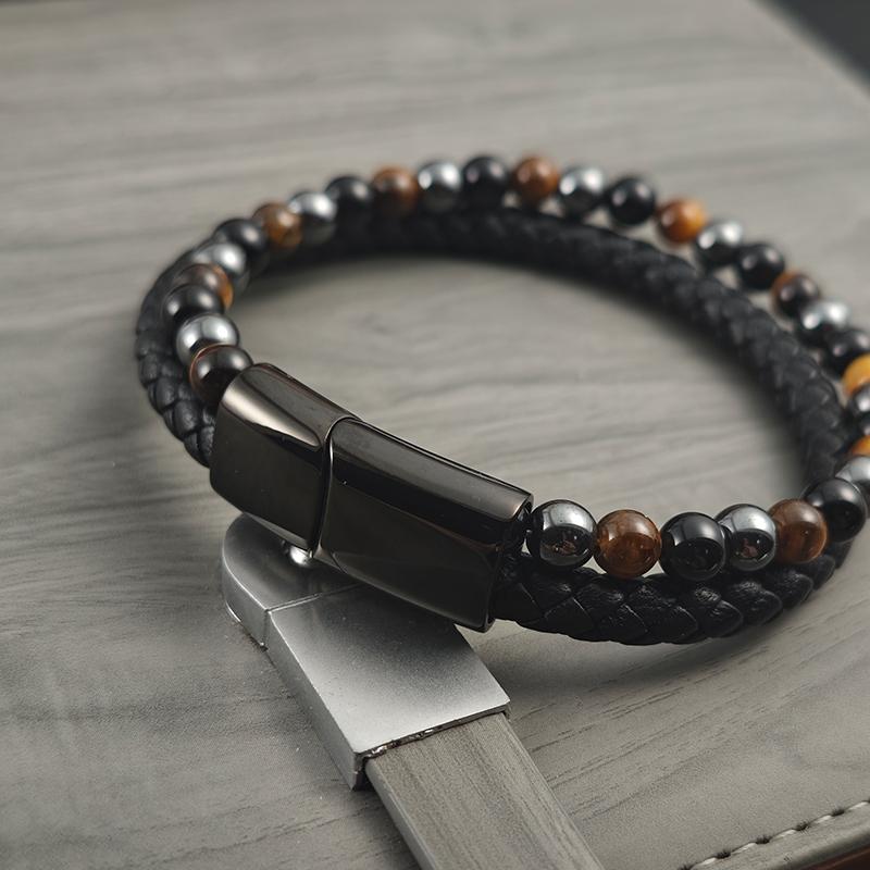 Classic Leather Beaded Bracelet Men's Stainless Steel Magnetic Buckle Bracelet Bangles For Friend Jewelry Accessories Gift