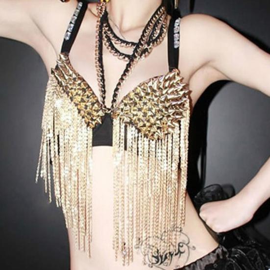 Kadın Performans Sütyeni Perçin Dekor Uzun Püskül Spagetti Askı Gece Kulübü Partisi Direk Dansı Stripper Sahne Gösterisi Kokteyl Parti Sütyeni