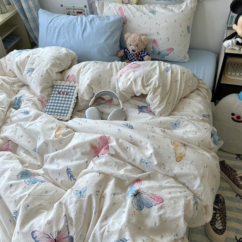 Washed Cotton Four-piece Set, Small Fresh Quilt Cover, Dormitory Bed Sheet Three-piece Set, Bedding