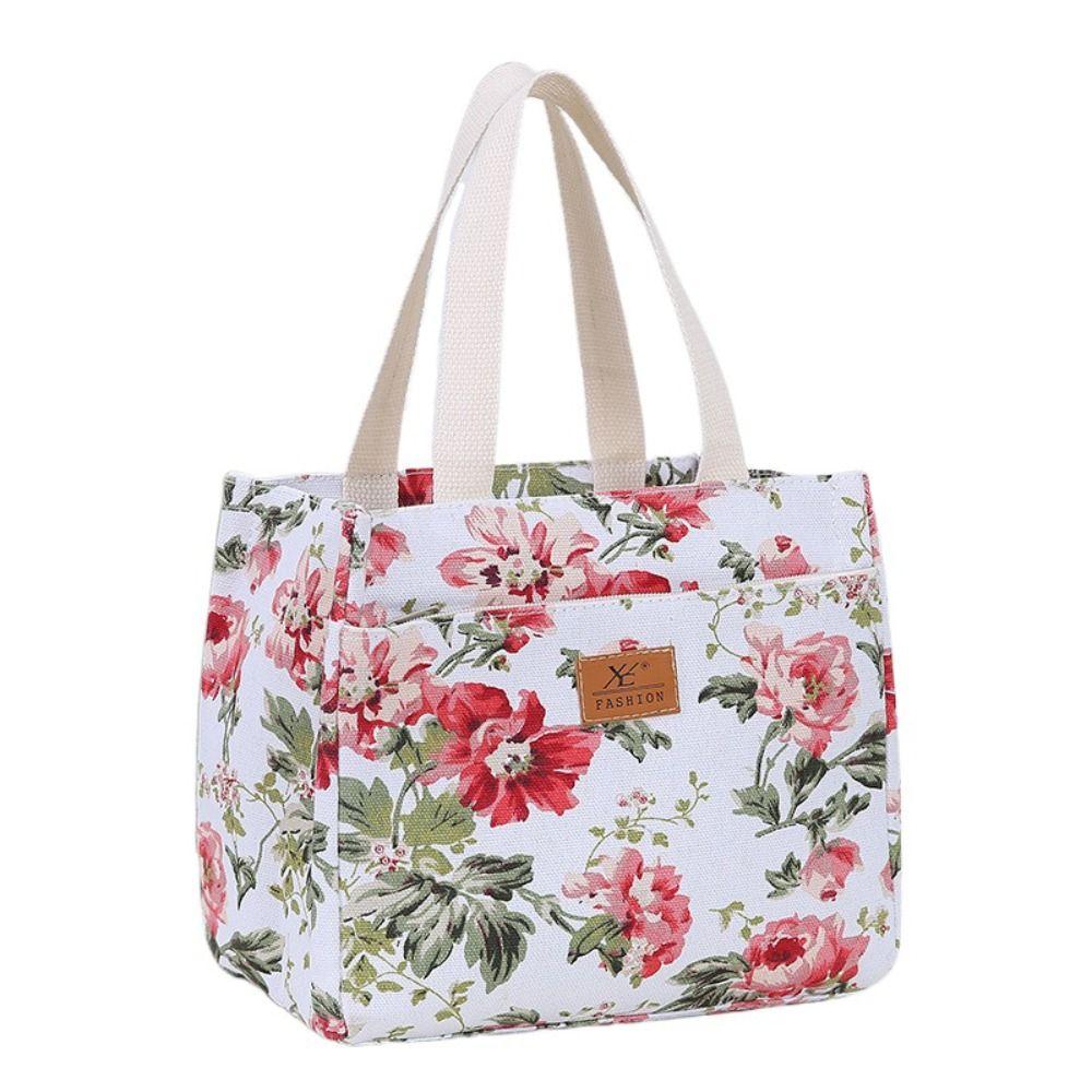 

Zippered Floral Print Lunch Bag Insulated Tote Bag Portable Handbag Outddor Style D