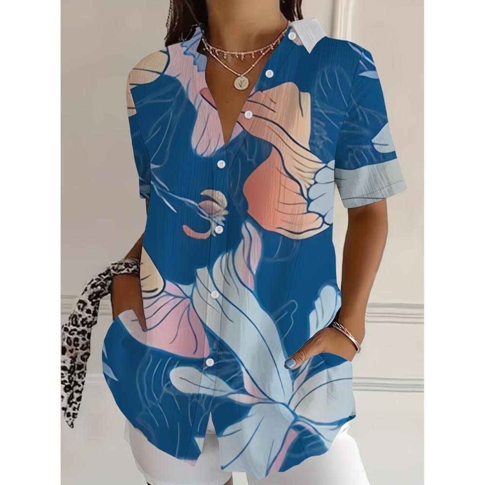 Camisa Minimalista de Verano con Estampado Digital Floral Camisa de Botones Superior para Vacaciones en la Playa Hawaiana Camisa Casual para Mujer