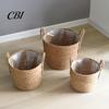 Garden Plant Display Baskets Woven Seagrass Pot with Handle, Built-in Plastic Film Lining Sustainable Straw Planters Storage Basket, Natural