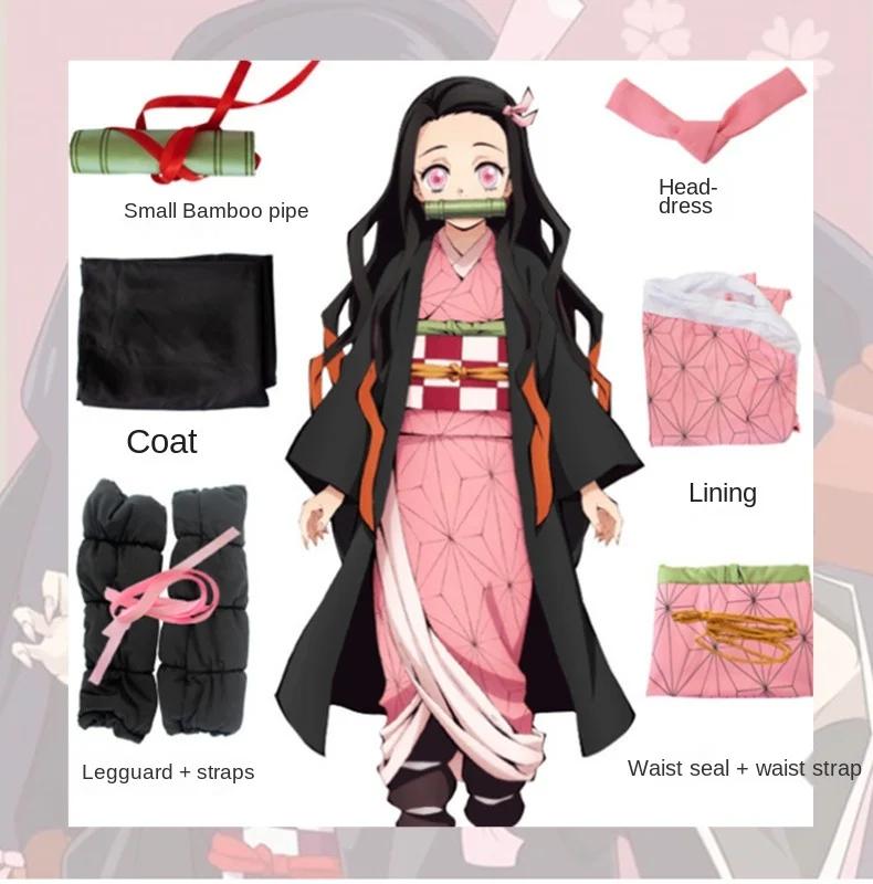 Kamado Nezuko Cosplay Halloween Costume Party Clothes Anime Kimetsu No Yaiba Outfit Wig Shoes Set