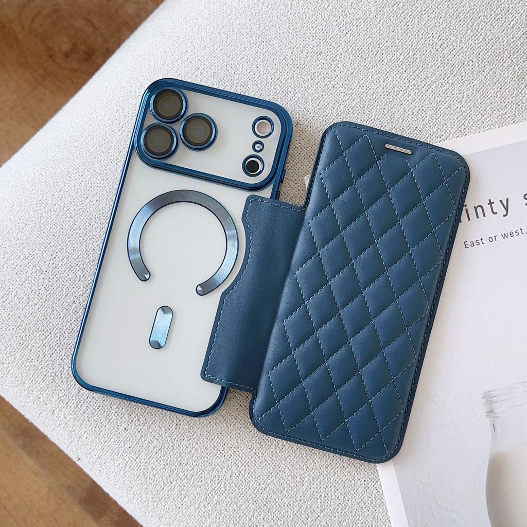 Applicable To iPhone17 Magnetic Mobile Phone Case Rhombus Flip Card Leather Case 17pro Electroplating 17 Anti-drop Protective Case