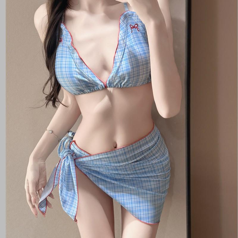 Womens Pink White Plaid Halter Bikini Set With Tie Side Bottoms Wrap Skirt Cover-Up Swimming Beach Vacation