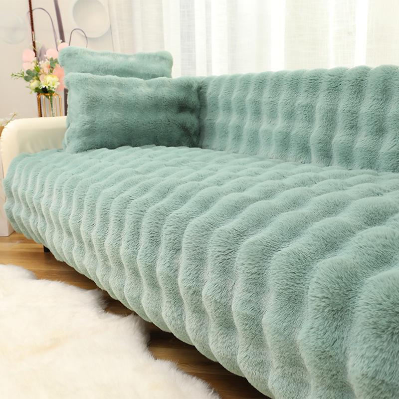 Luxury Winter Rabbit Plush Non-slip Leather Sofa Cushion & Cover