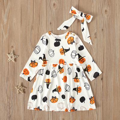 Halloween Kürbis Kleid Langarm Baby Mädchen Kostüm mit Stirnband